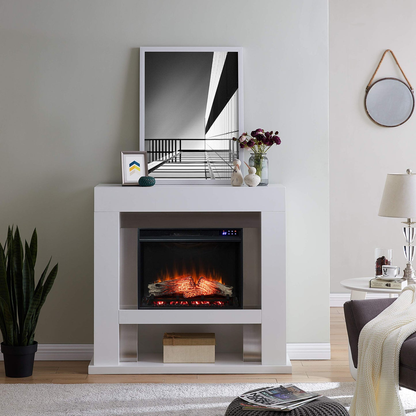 SEI Furniture - Lirrington Stainless Steel Touch Screen Electric Fireplace - Transitional Design, Grey Glass and Wood - Ideal for Living Room, Bedroom (FR1028059)
