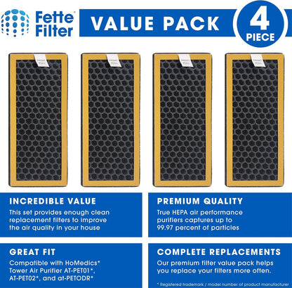 Fette Filter Pack of 4 - Activated Carbon Filter for HoMedics TotalClean PetPlus, Compare to AT-PET01, AT-PET02