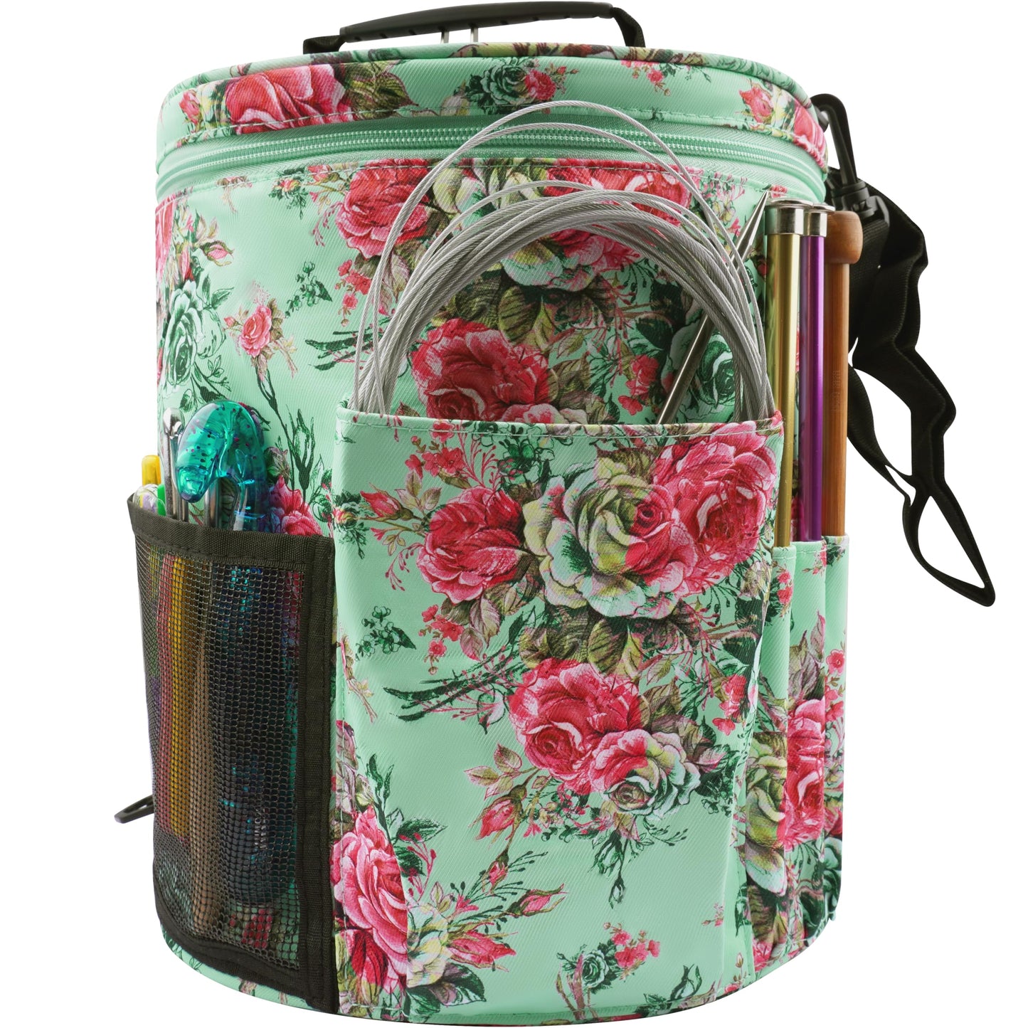 WAZAIGUR Green Flowers Pattern Large Capacity Multifunctional Crocheting Knitting Project Bag Strong Yarn Storage Organizer Bag Tote Travel Crochet Needles Bag