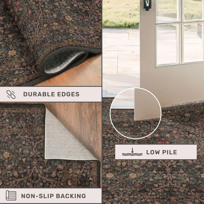 Washable Area Rugs 9x12 Living Room - Dark Brown Large Rug for Dining Room Under Table, Bedroom, Soft Low Pile Non-Slip Stain Resistant Carpet - Vintage Floral Plant Design