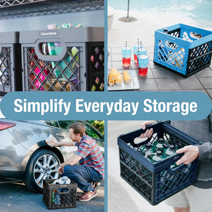 25L (6.6 3 Pack, 50 lb CleverMade Collapsible Milk Crate Gal) Capacity Heavy Duty Folding Crate Stackable Storage