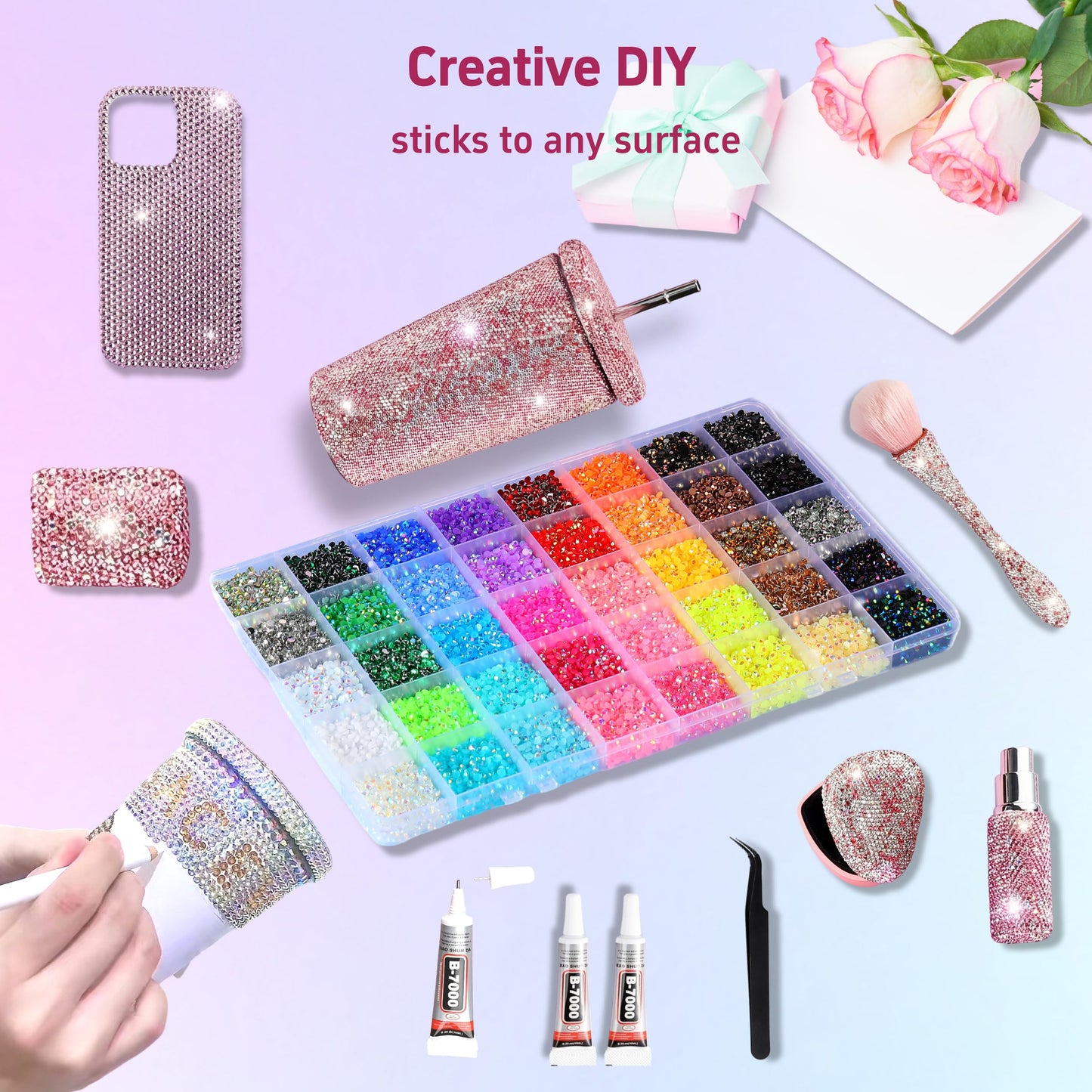 40 Colors Rhinestones Bedazzling Kit, 40000Pcs 3mm Flatback Rhinestones for Bedazzling with B7000 Glue, Tweezer & Pickup Pen, Sparkle Bedazzled Kits for Nail Art DIY Crafts Shoes Phone Case