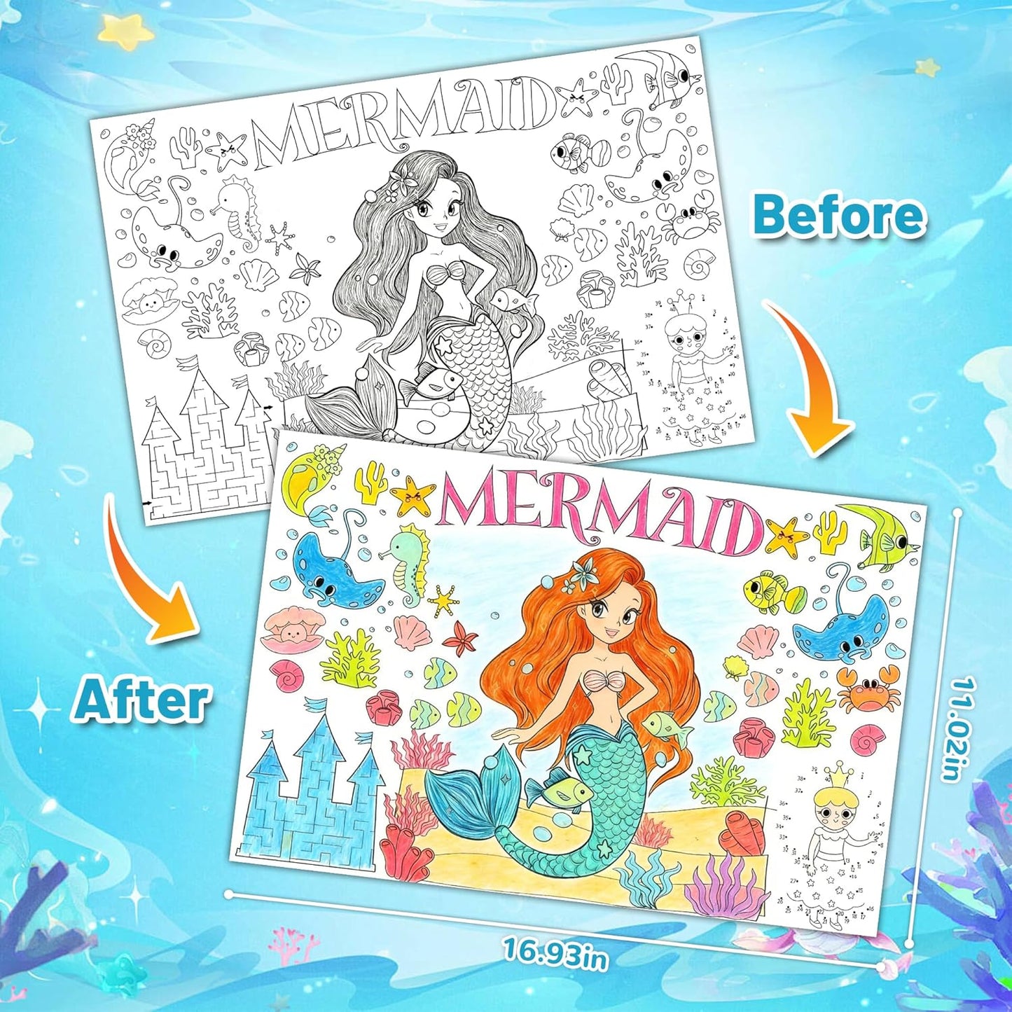 15Packs 17X11Inches Mermaid Crafts for Kids Coloring Placemats with Thankful - Fall Art Activities for Friendsgiving