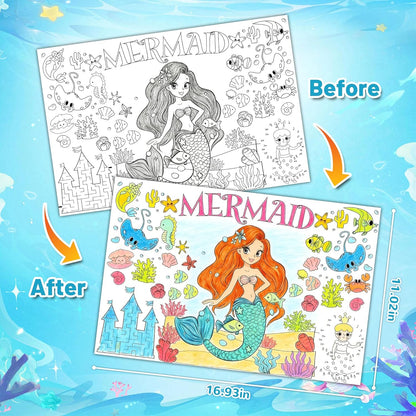 15Packs 17X11Inches Mermaid Crafts for Kids Coloring Placemats with Thankful - Fall Art Activities for Friendsgiving