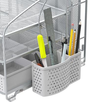 Simple Houseware 3-Tier Desk Organizer with Sliding Drawer, Hanging File Holder and Pen Holder Accessory, Silver