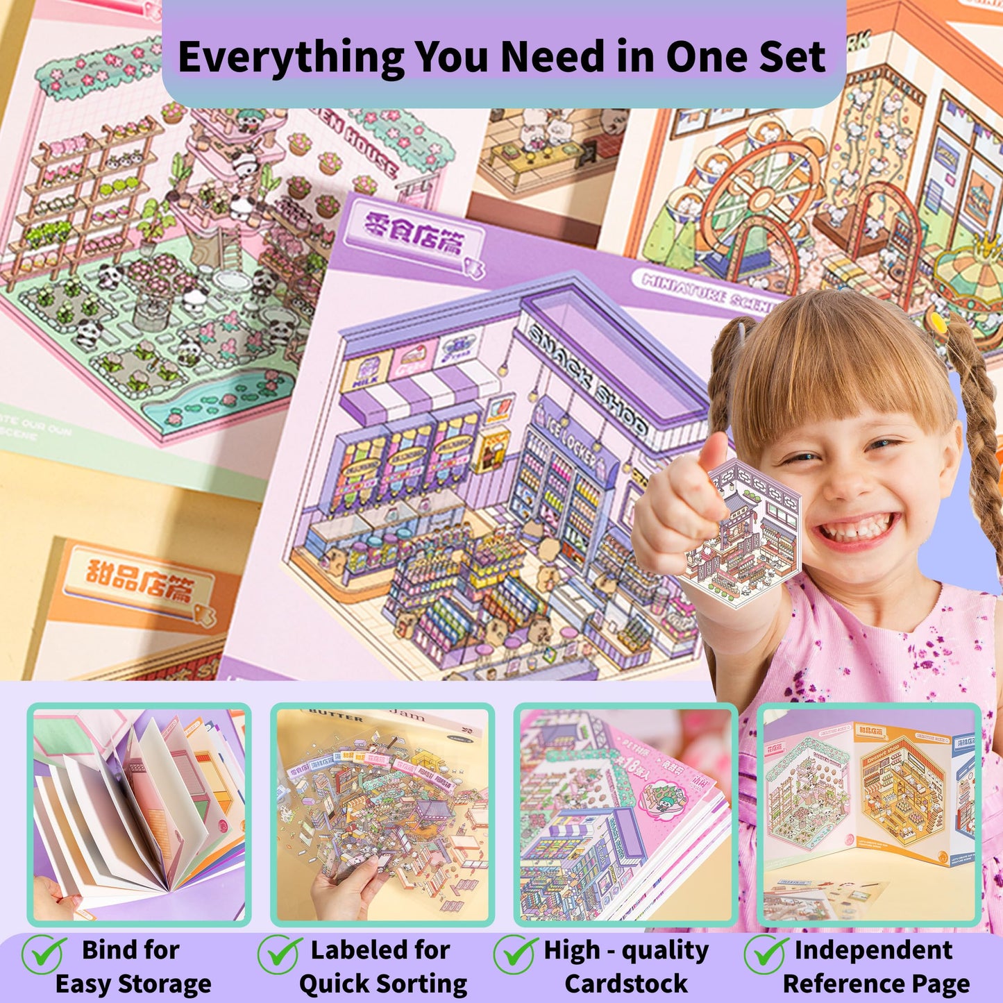 3D Sticker Scene Book Sticker Therapy for Adults Kids Teens 2 Books with 12 Sets of DIY 3D Room Miniature Scene Stickers Featuring Various Themes