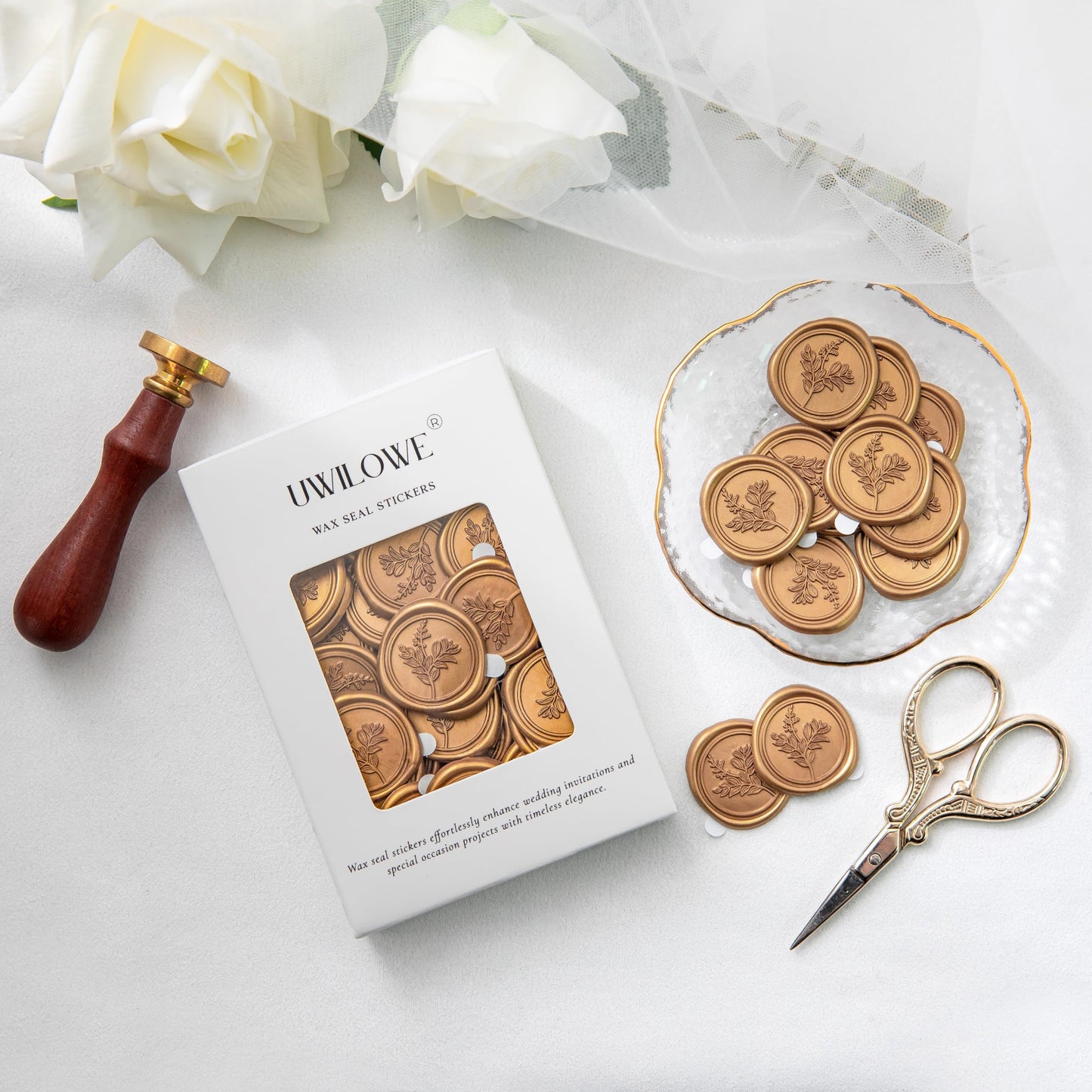 Uwilowe 60 Pcs Gold Wax Seal Stickers, Stamp Seal Envelope Stickers - Perfect for Wedding Invitation, Gift Box Craft Wrapping, Christmas Cards Decor