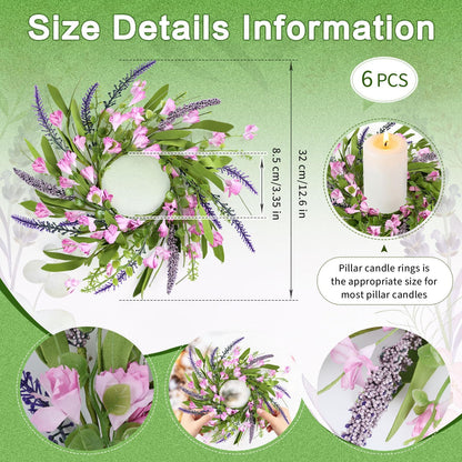 6 PCS Spring Summer Artificial Flowered Wreath Candle Rings Forsythia Lavender Candle Rings Pillar Holder Wreath Mini Floral Candle Rings Wreaths Kitchen Cabinet Swags for Wedding Home Tabletop Decor