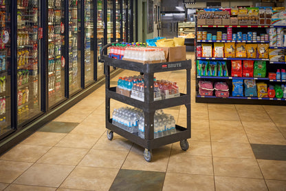 Rubbermaid Commercial Brute 3-Shelf Heavy-Duty Utility/Service Cart, Medium, High Storage, Lipped Shelves, Ergonomic Handle, 600 lb. Capacity, Ideal for Warehouse/Garage/Cleaning/Maintenance/Office