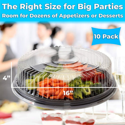 Avant Grub Heavy Duty, Recyclable 16 in. Serving Tray and Lid 10pk. Large, Black Plastic Party Platters with Clear Lids Dishware Plate, Elegant Round Banquet or Catering Trays for Serving