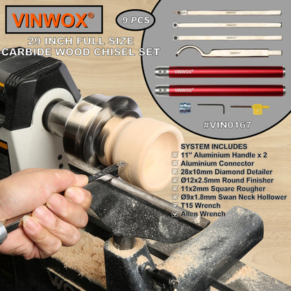 VINWOX 9 PCS Carbide Wood Lathe Turning Tool Set, Pen Turning tools, Including Swan Neck Hollower, Rougher, Finisher, Detailer, Aluminum Handles from 14" to 29", Fine Polished Stainless Steel Shank
