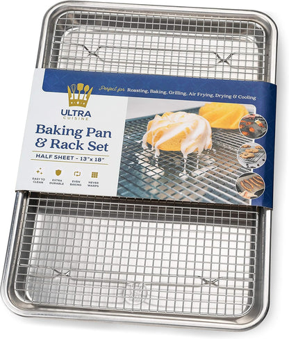 Ultra Cuisine Baking Sheet Set - Half Sheet Aluminum Pan with Stainless Steel Cooling Rack, 13 x 18 Inch, Easy Clean, Commercial Quality