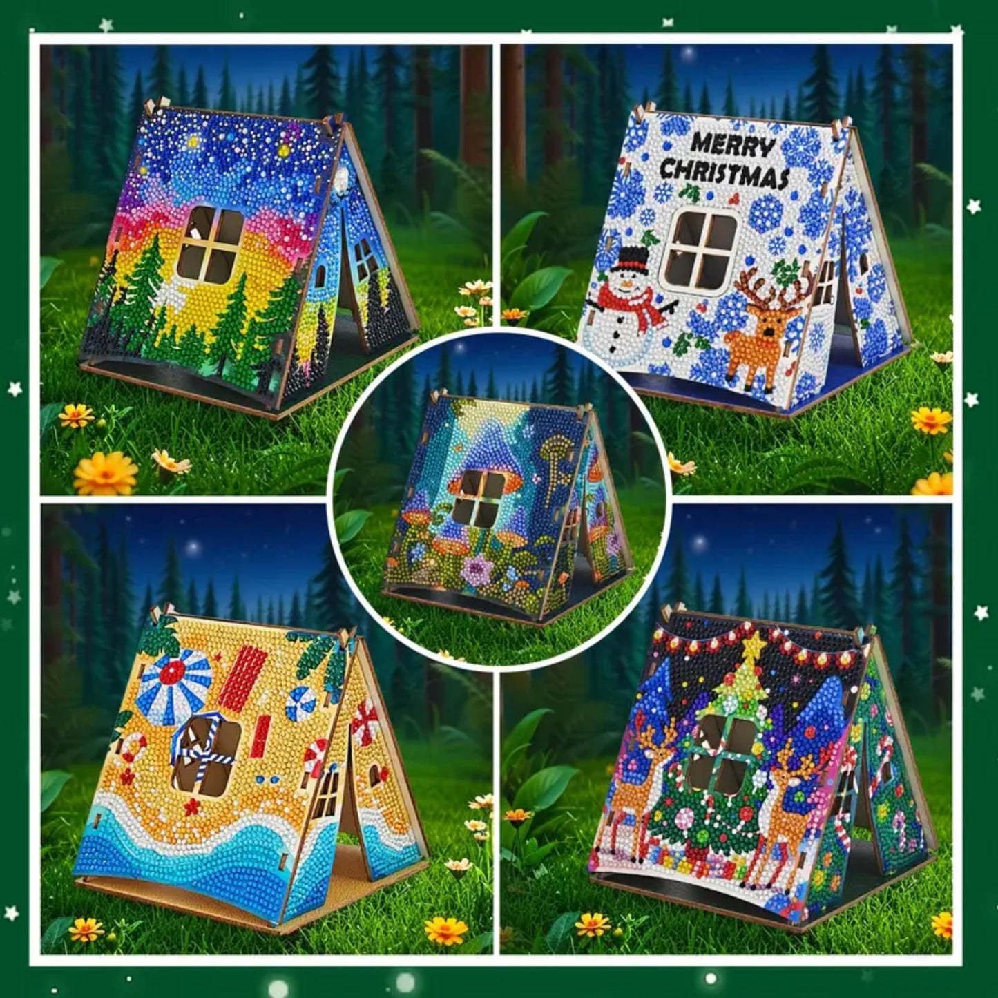 Party Ready 3D Diamond Painting Tent Craft Kit with LED Lights – Full Drill Crystal Mosaic Wood Puzzle, DIY Holiday Decorative Art for Home Display (Starry Night)