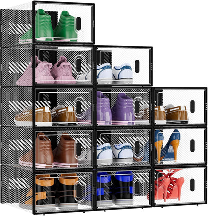 12 Pack 9, BALEINE Stackable Shoe Storage Boxes Fit Size Thickened Clear Shoe Box Bins with Lids, Plastic Foldable