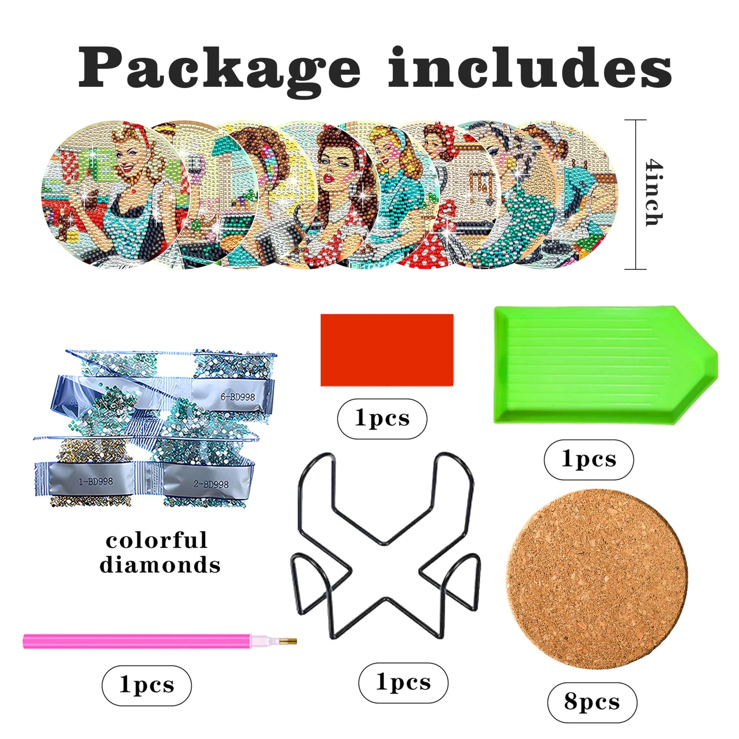 Eimilaly 8 Pcs Retro Pin-up Girl Diamond Painting Coasters with Holder for 70s 80s 90s Disco Party Decor, Suit for Beginners Kids Adults