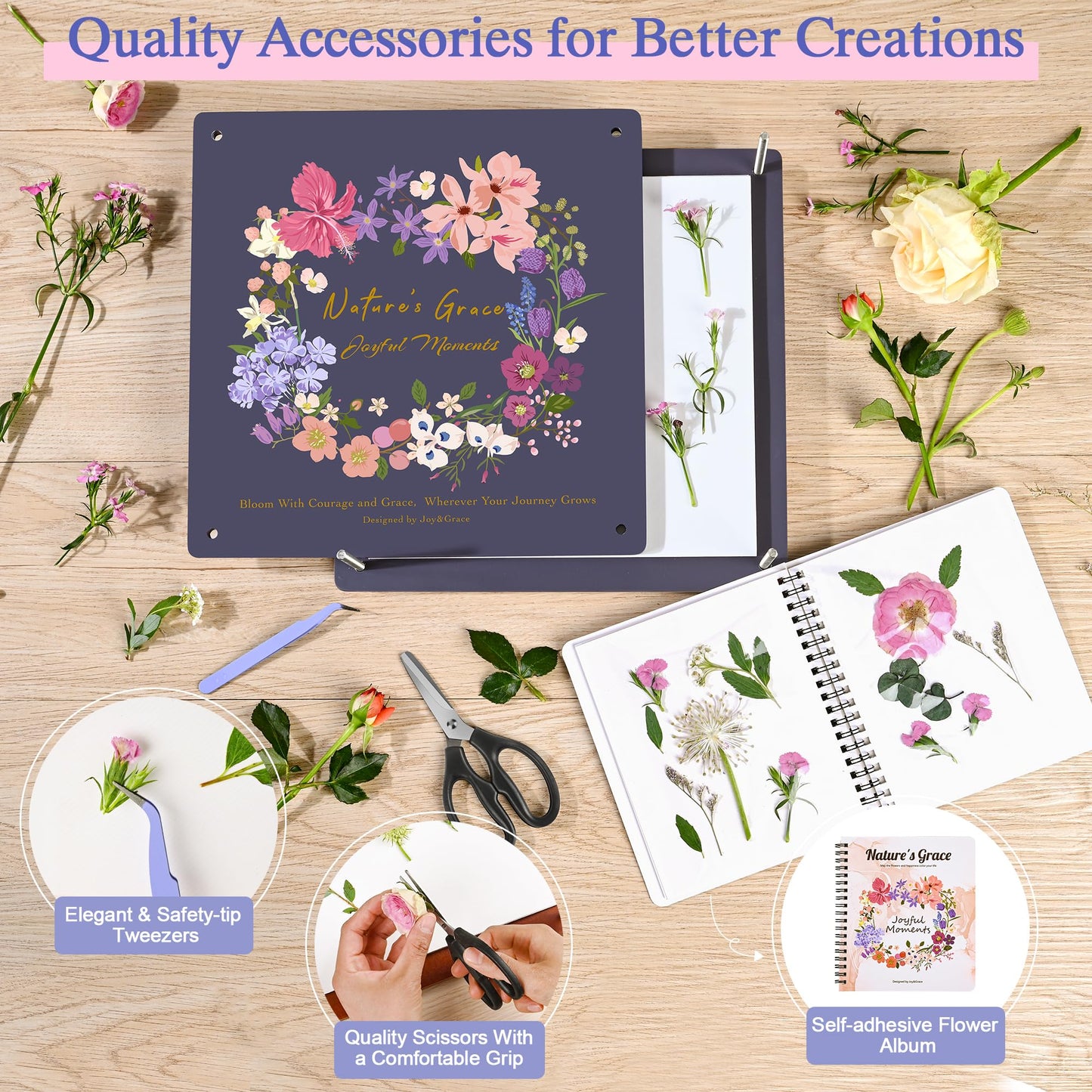 Joy&Grace Flower Press Kit for Adults, with Designed Cover and DIY Album, 10.9" x 10.9" 10 Layers Flower Preservation Kit, Plant Press and Large Plant Drying Toolkit (Color Box, Purple Navy)