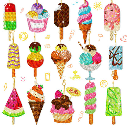 Estune 15 Pieces Summer Diamond Painting Keychain Kits 5d Ice Cream Diamond Art Keychains DIY Painting Kit Summer Hanging Diamond Art Kits Diamond Art for DIY Crafts