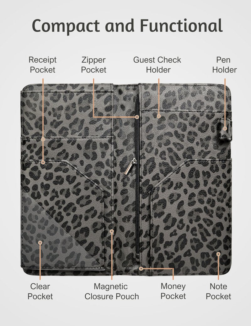 Server Book for Waitress Book with Zipper Pocket and Magnetic Closure, 5"×9" Grey Leopard Cute Server Wallet with Money Pocket, Restaurant Waitstaff Organizer Fit Server Apron