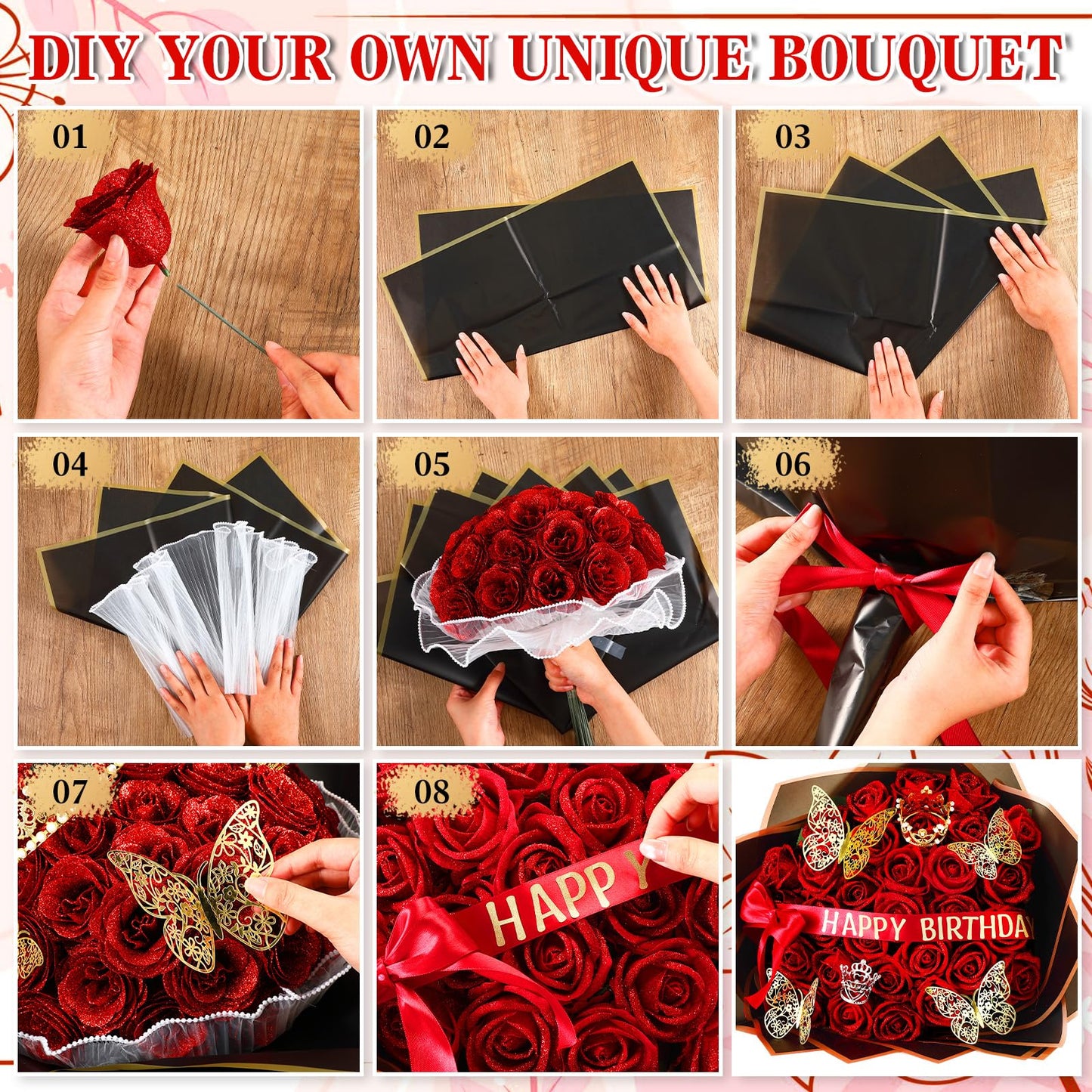 Thiccywoov 50 Pcs Glitter Roses Bouquet Graduation Artificial Rose DIY Flower Bouquet Kit Flower Wrapping Paper 3D Butterflies Crowns for Mom Mother Teacher Birthday (Red)