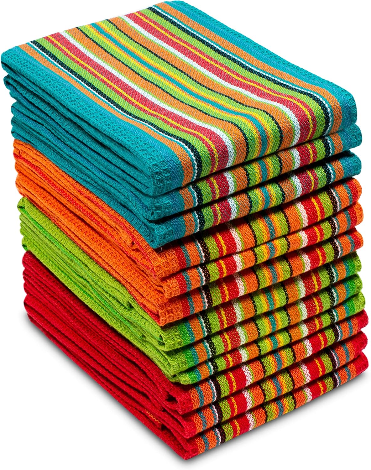 12 Pack 100% 16x28 COTTON CRAFT Salsa Stripe Kitchen Towels - Cotton Tea Dish Towels - Absorbent Reusable Low Lint