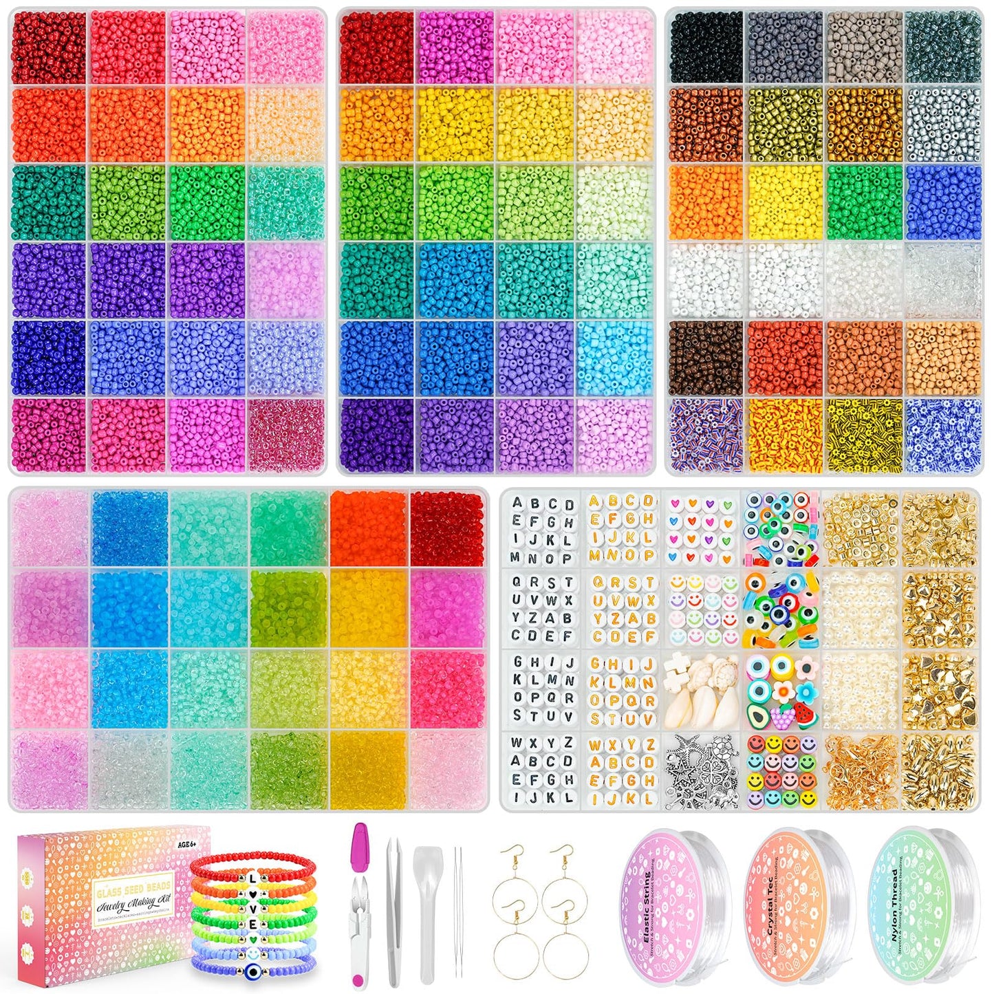 Friendship Bracelet Kit 3mm Seed Beads, 30000 Pcs 8/0 96 Colors Small Glass Beads Embroidery Kit with Letter Bead Charms for Jewelry Making Gifts Necklaces Waist Beads DIY Arts and Crafts for Adults