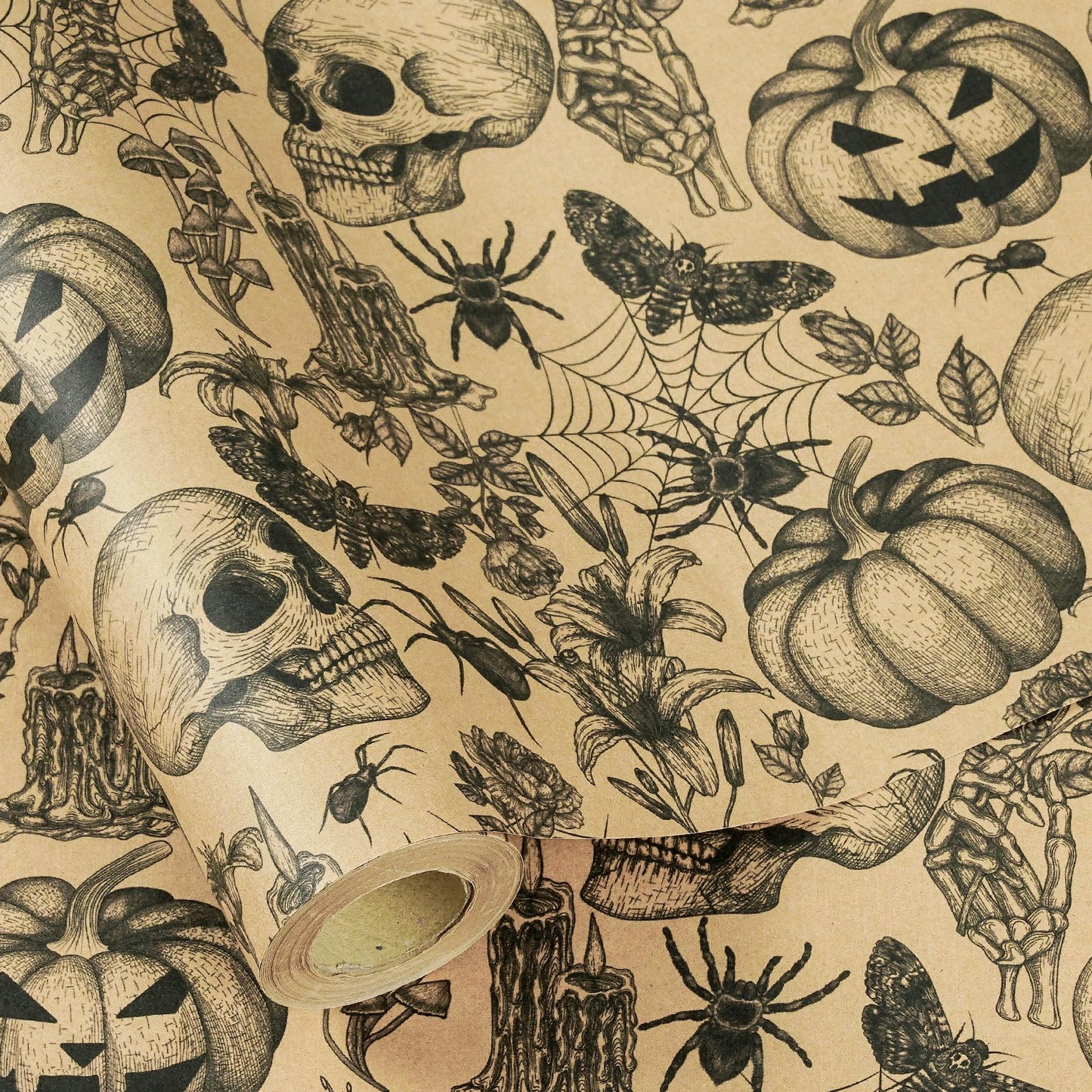 RUSPEPA 30" X 32.8' Kraft Autumn Wrapping Paper Large Paper Roll, Jumbo Roll, Vintage Black Skull, Spider, Pumpkin and Gothic Floral Design Kraft Gift Wrap for Fall Holiday and Halloween Party