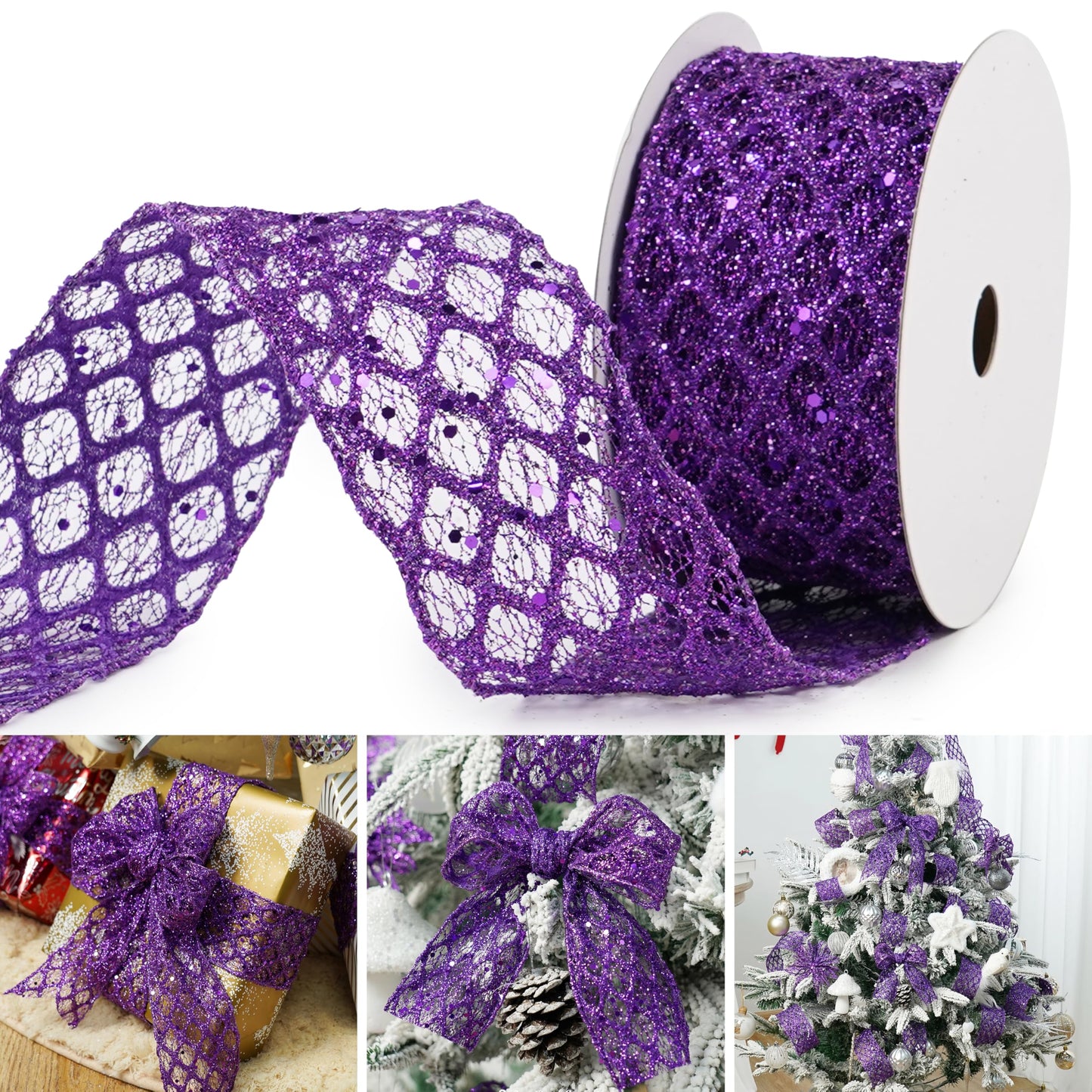 MAYREEL 2.5 Inch Purple Wired Ribbon Diamond Glitter Wire Ribbon for Halloween Christmas Decorations Gift Wrapping Wreath Supplies Tree Toppers 10 Yards