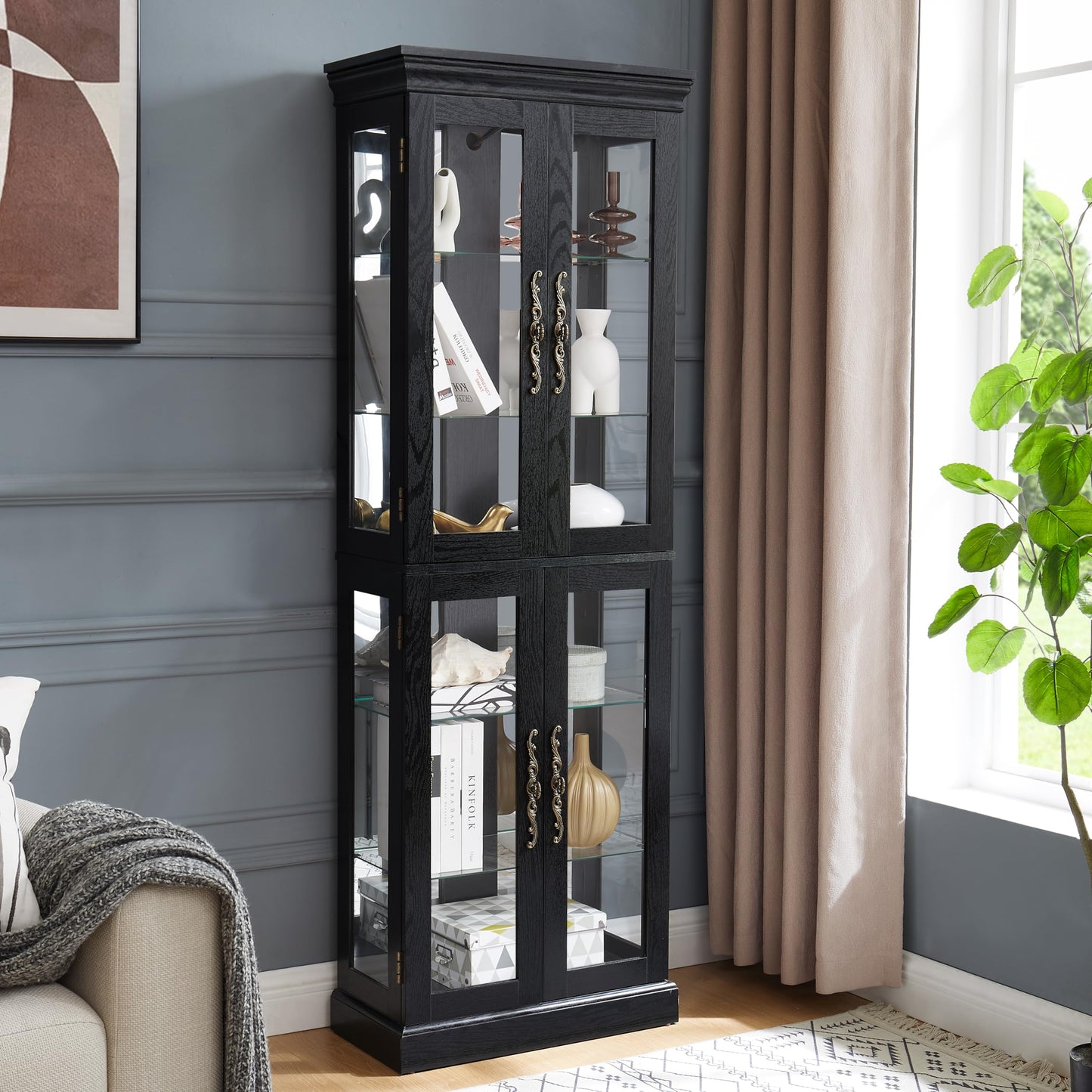 Elountik Lighted Curio Display Cabinet, Glass Storage with Wood Frame, Built-in Lighting for Living Room, Kitchen, Pantry, Ideal for Wine, Toys, Collectibles - Black