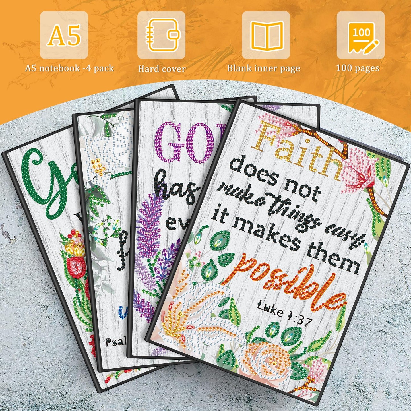 Ctosree 4 Pack Bible Diamond Painting Notebook Christian Gift Religious A5 Diamond Art Notebook for Women Inspirational Quotes 5d Journal Leather Sketchbook with Tools for Graduation Gift