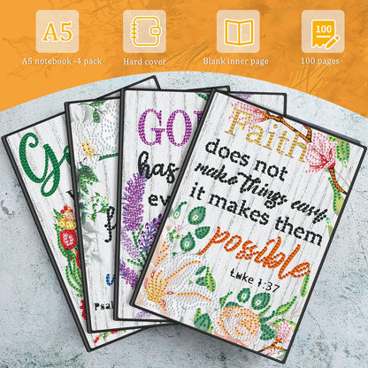 Ctosree 4 Pack Bible Diamond Painting Notebook Christian Gift Religious A5 Diamond Art Notebook for Women Inspirational Quotes 5d Journal Leather Sketchbook with Tools for Graduation Gift