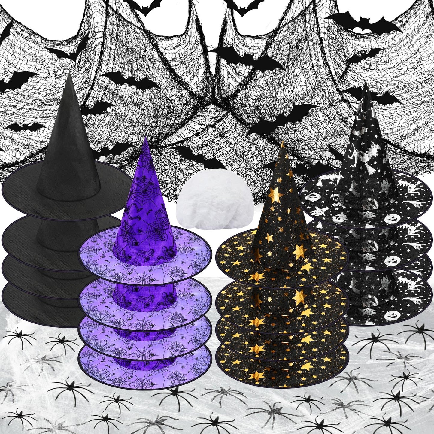 Jenaai 85 Pcs Witch Hat Kit Halloween Decorations Including 16 Hats 36 Bat 30 Fake Spiders 2 Creepy Cloth 60g Spiderweb