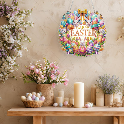 Aeepics Hanging Diamond Art Kit for Adult Easter, DIY Diamonds Painting Pendant Ornament Kit, Acrylic Diamond Art Painting Board Kit (Happy Easter Wreath)