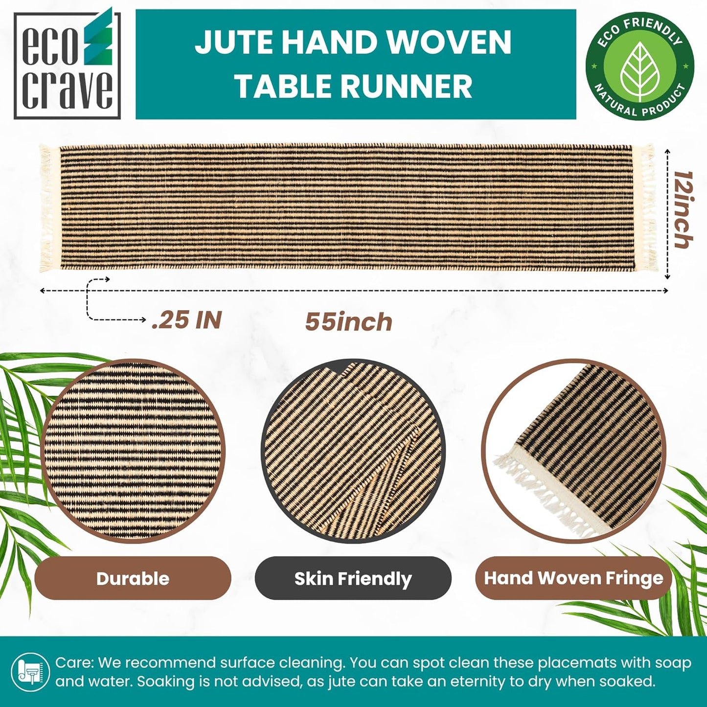 12x55 Inches, (1x4.7 Eco Crave Natural Jute Table Runner Handwoven Brown Boho Burlap Coffee Table Runner, Rustic