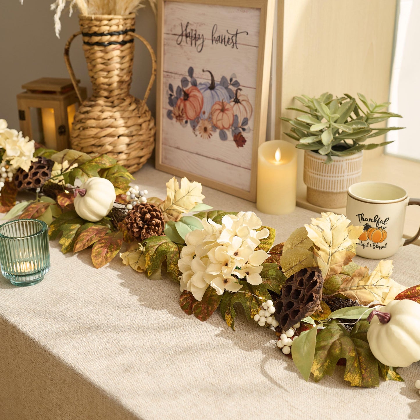 DecorbyHannah Thanksgiving Garland with Lights, 6 ft Artificial Fall Autumn Harvest Garland for Mantel, Fall Decor with Pumpkin Pinecone Lotus Maple Leaves for Front Door Table Fireplace Wall Outdoor
