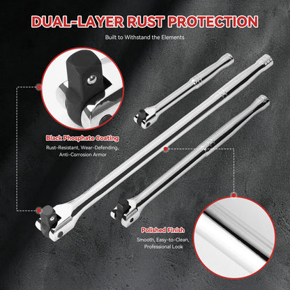 10 Piece Breaker Bar Set, 3/8" , 1/2" and 1/4" Drive, 180° Rotatable Head, 6'', 10'', 15'' Length, 3 Extension Bars, Organizer Case