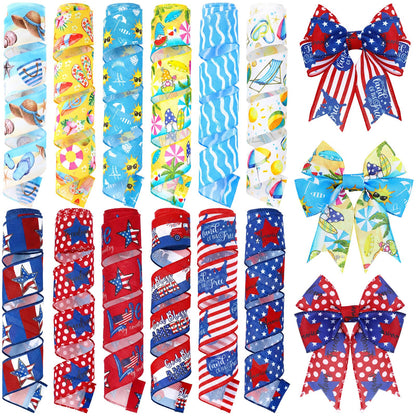 Vincreem 12 Rolls Memorial Day Summer Wired Edge Ribbon for Wreaths 2 Inch x 60 Yards Red White and Blue Star Print Grosgrain Ribbon Summer Crafts for Memorial Day Party Supplies 12 Styles