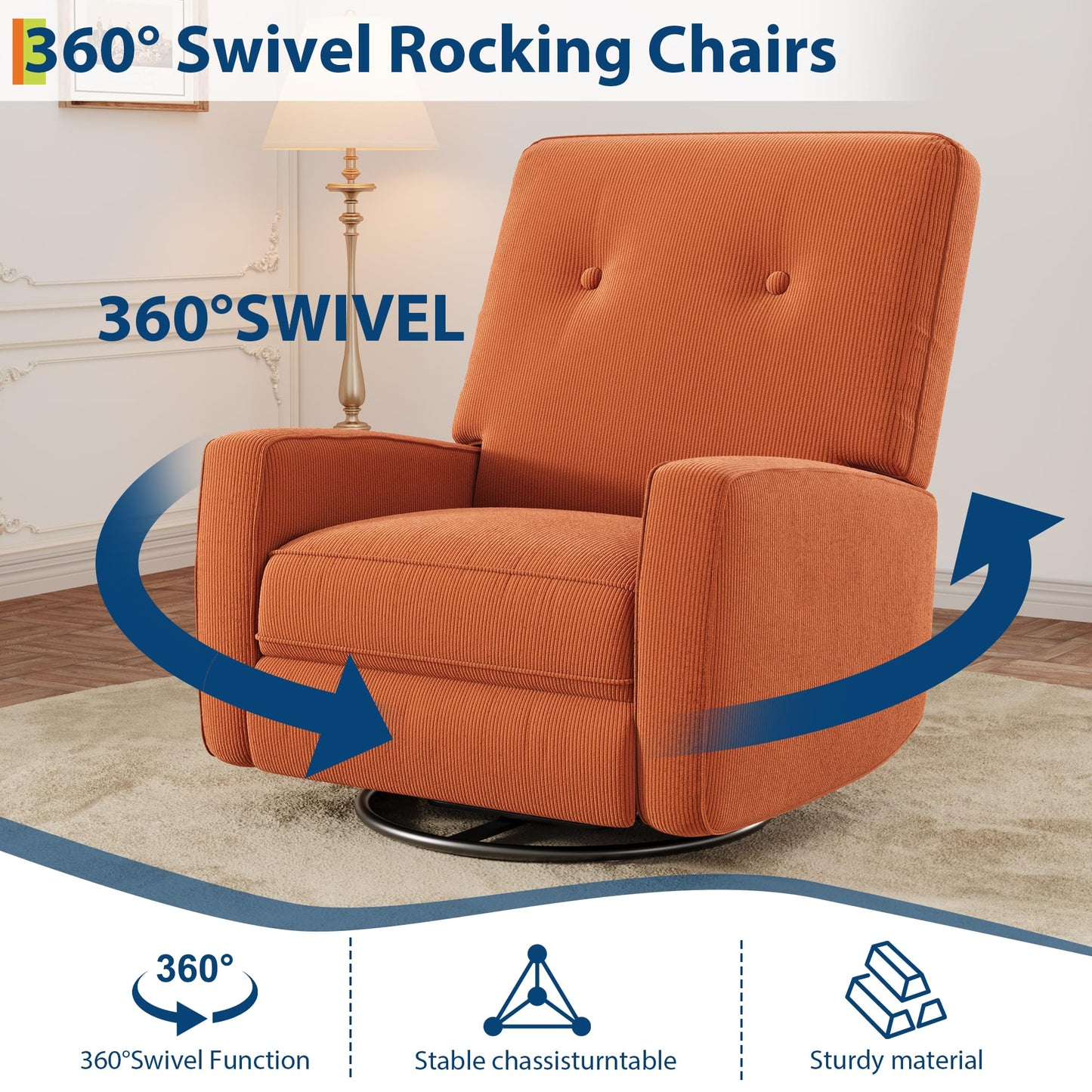 GarveeHome Recliner Chairs, Swivel Rocker Recliner, Glider Recliner Nursery Chair for Adults, 360° Swivel Glider Rocking Chair for Living Room, Bedroom, Office, RV, Small Spaces, Corduroy, Orange