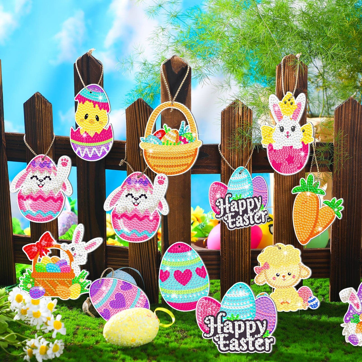 Frienda 24 Pcs Easter Diamond Painting Kits Easter DIY 5d Diamond Painting Keychains by Numbers Arts and Crafts for Adult Decorative Bunny Egg Ornament Decoration