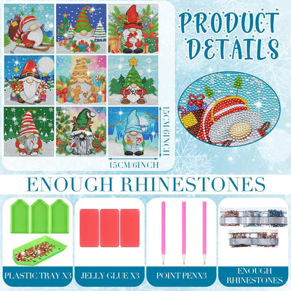 TecUnite 9 Pcs Christmas Diamond Painting Art Gnome Diamond Painting Kit for Beginners DIY Rhinestone Gem Crafts for Home Wall Decor 6 x 6 Inch (Classical)
