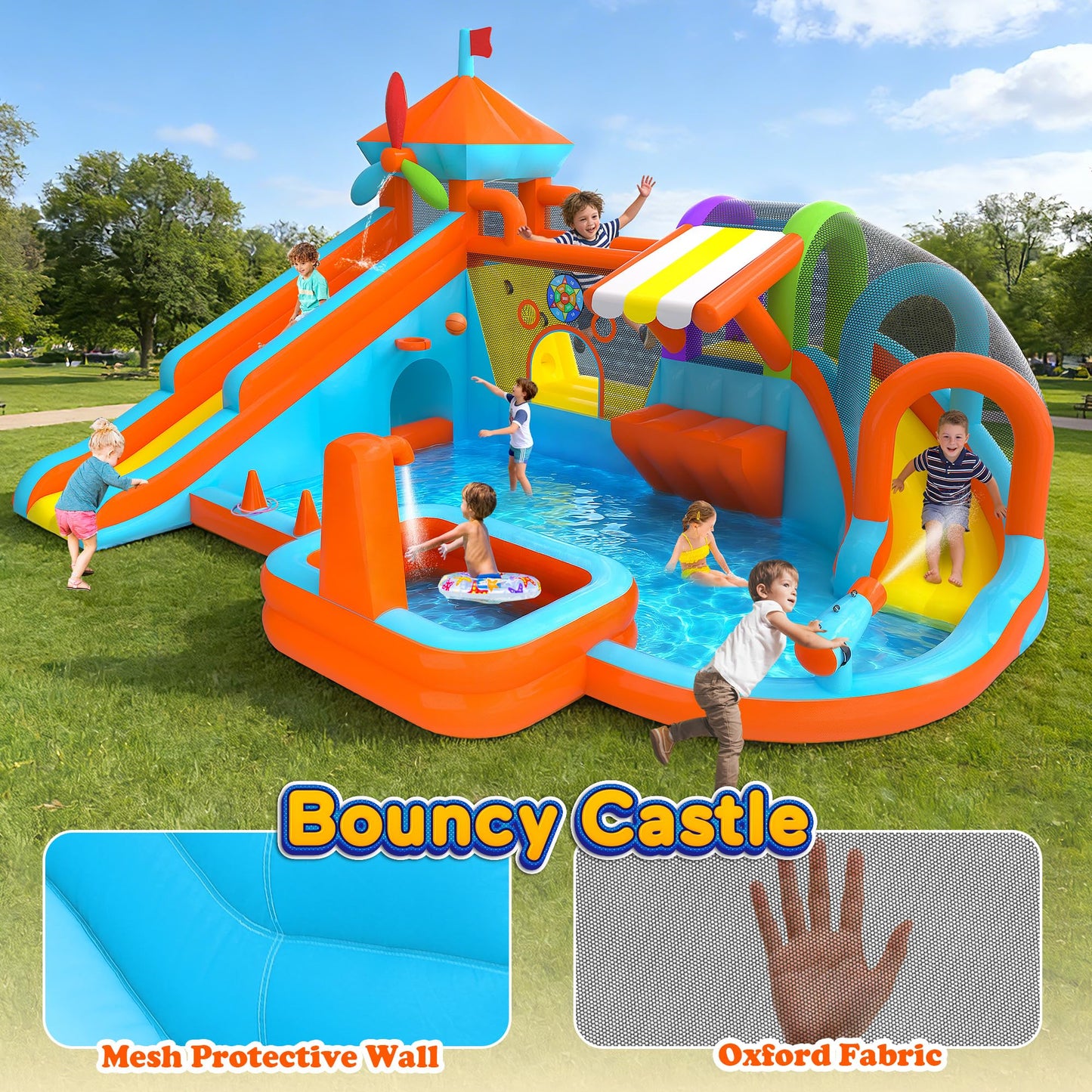 Inflatable Bounce House with Double Slide, 10 in 1 Large Bounce Castle with 750W Blower, Water Slide, Jumping, Splash Pool, Climbing Wall, Toy Stand, Water Cannon, Basketball, Tunnel, Outdoor, Orange
