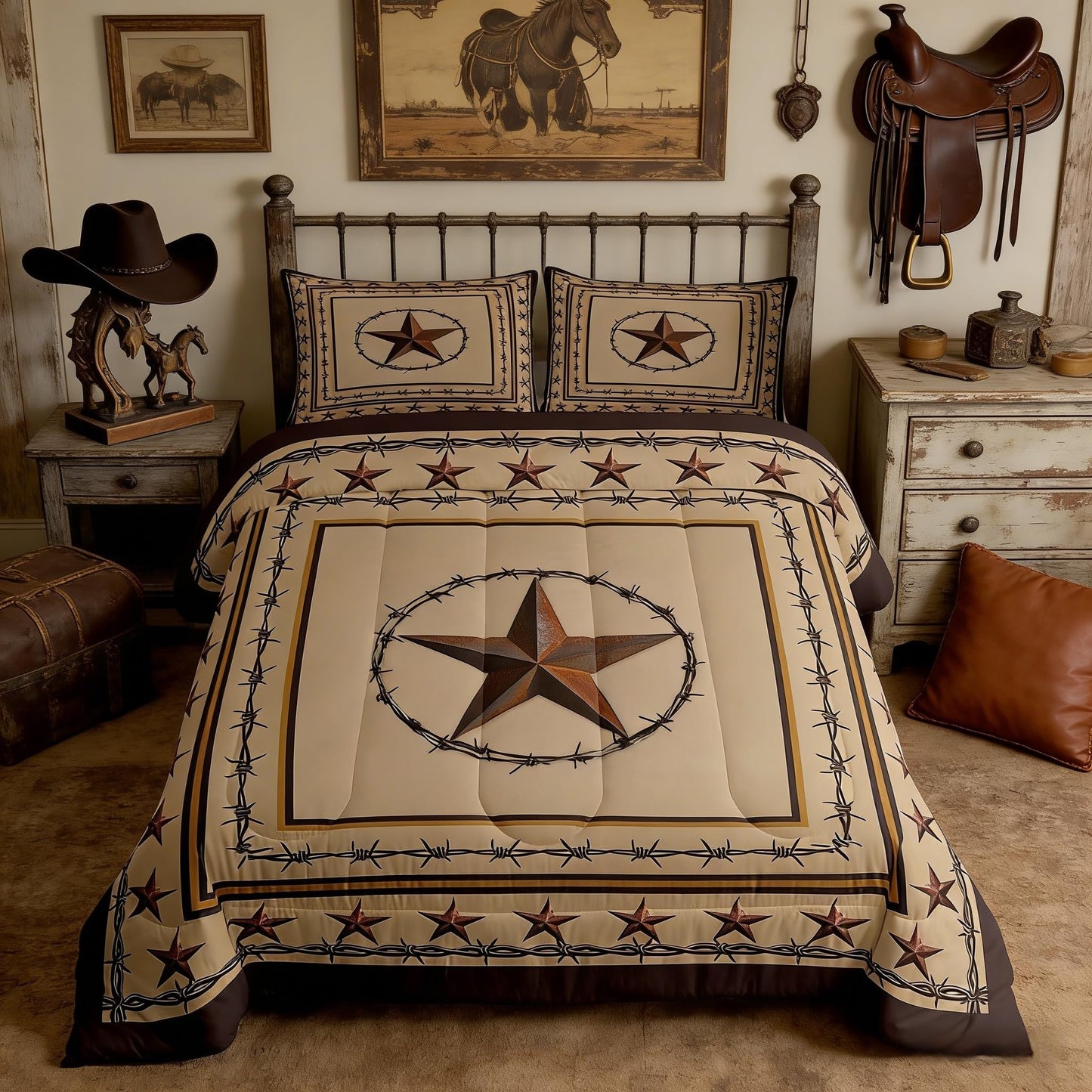 Western Texas Star Kids Comforter Set Queen Size,Cowboy Rustic Farmhouse Bedding Set,Boys Girls Adults Bedroom Decor,Geometric Plaids Patchwork Down Comforter,Brown Retro Duvet Insert,2 Pillowcases