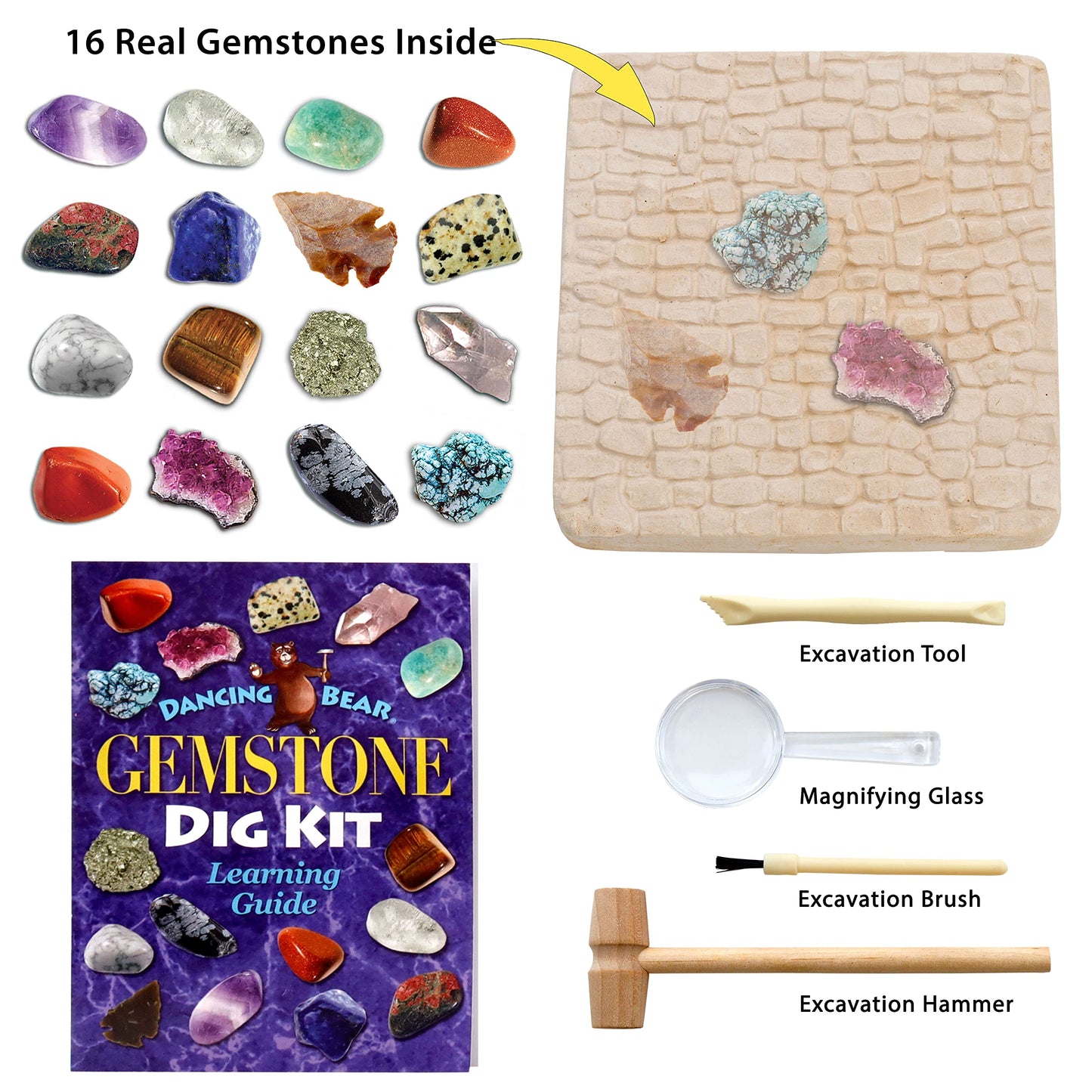 DANCING BEAR Gem stone Dig Kit, Excavate 16 Real Gems & Crystals including Arrowheads, Quartz Point and Amethyst, STEM Education for Kids, Fun Rock Mining Science Activity Gift Sets for Girls and Boys