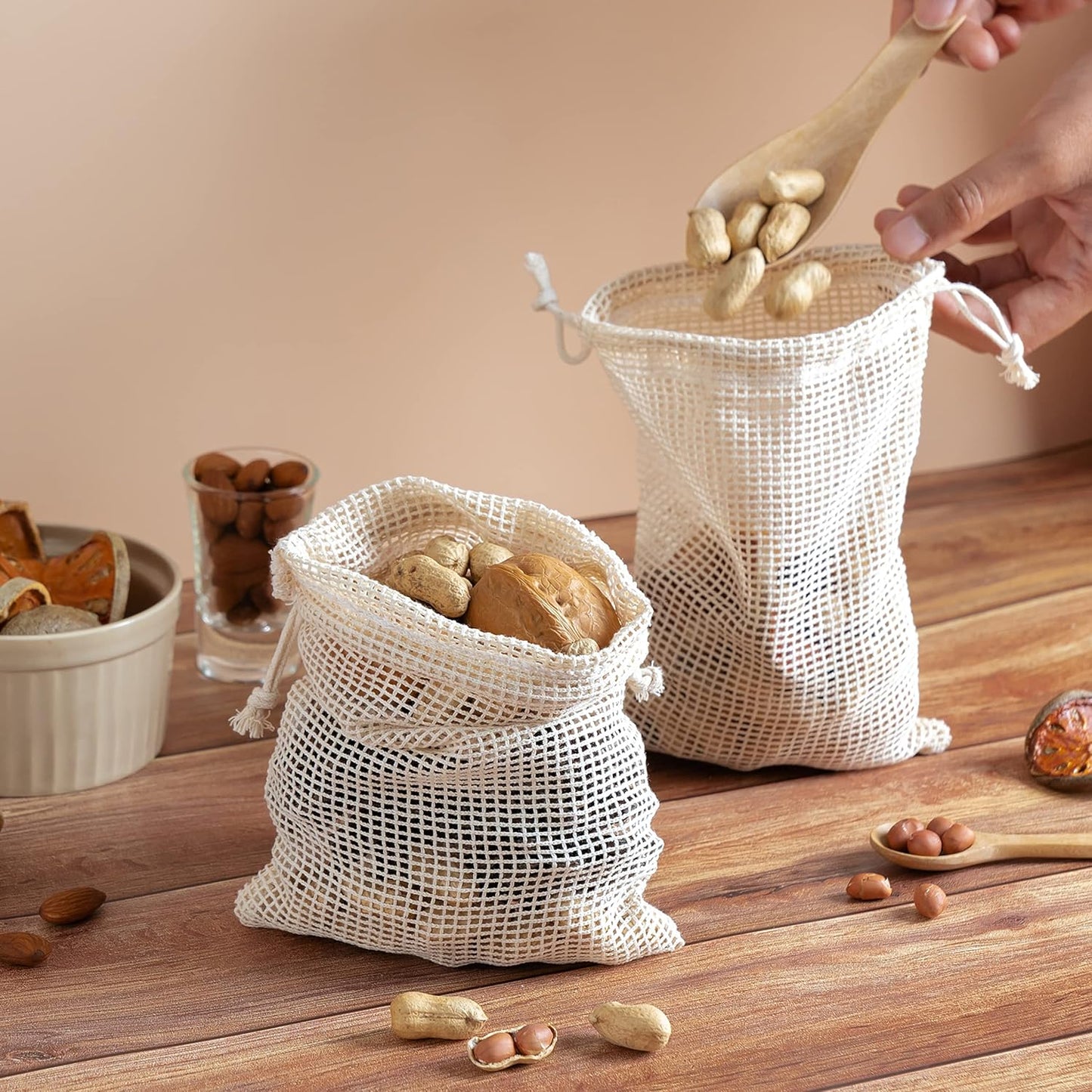PALTERWEAR 100% Natural Cotton Double Drawstring Mesh Bag - For Herbs, Nuts, Spices, Set of 5