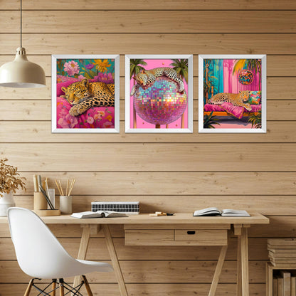 Kemingni 3 Pack Sleeping Leopard Diamond Painting Kit, Maximalist Funky Disco Ball Leopard Diamond Art Kits for Adults Beginners, Full Drill Gem Painting for Home Wall Decor, 9.8x11.8 Inch
