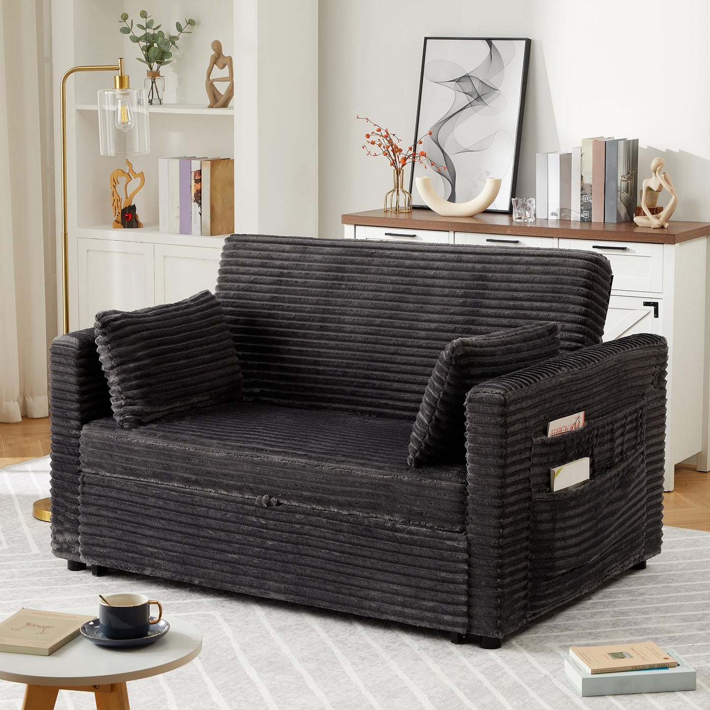 Garvee Futon Sofa Bed, 55'' Loveseat Corduroy Convertible Sleeper Sofa with Pull Out Couch and Adjustable Backrest, 2 Charging Stations, Side Pockets for Living Room, Apartment, Office, Dark Grey