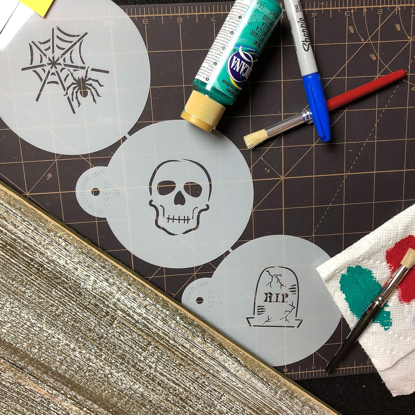 Designer Stencils Scary Halloween Cookie Stencil Set, (Spider Web, Skull, Gravestone)