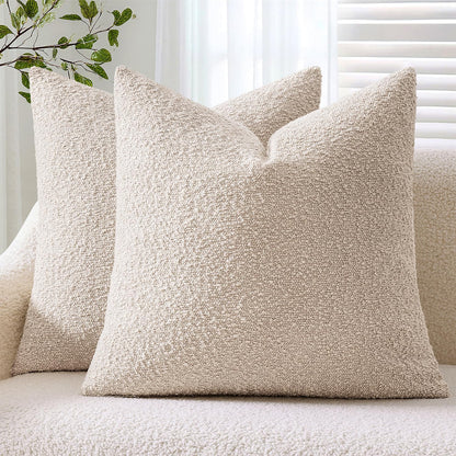 Pack 2 Cozy 24 24 Inch ANRODUO of Textured Boucle Throw Pillow Covers Soft Beige Euro Decorative Accent Solid Pillow