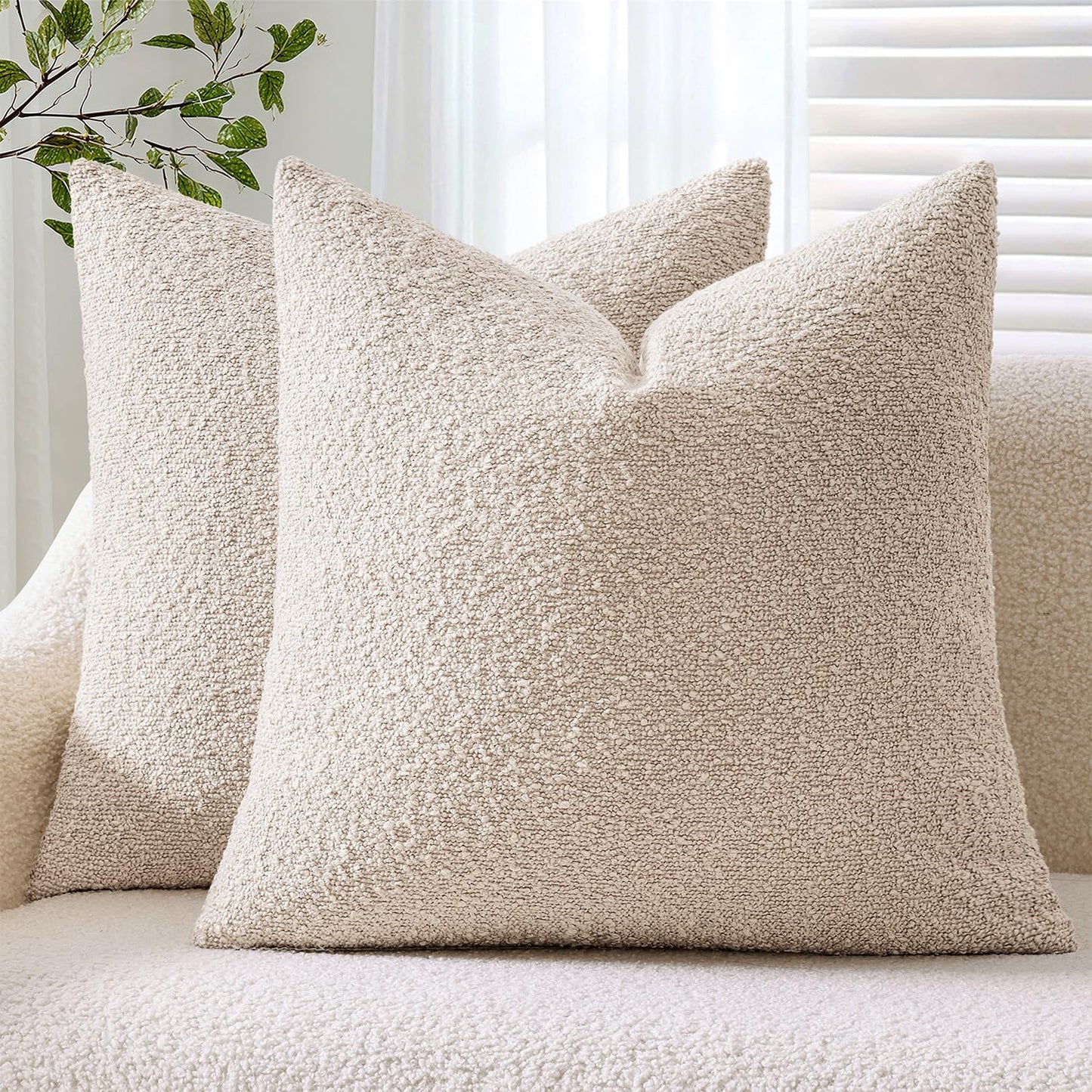 Pack 2 Cozy 22 22 Inch ANRODUO of Textured Boucle Throw Pillow Covers Soft Beige Euro Decorative Accent Solid Pillow