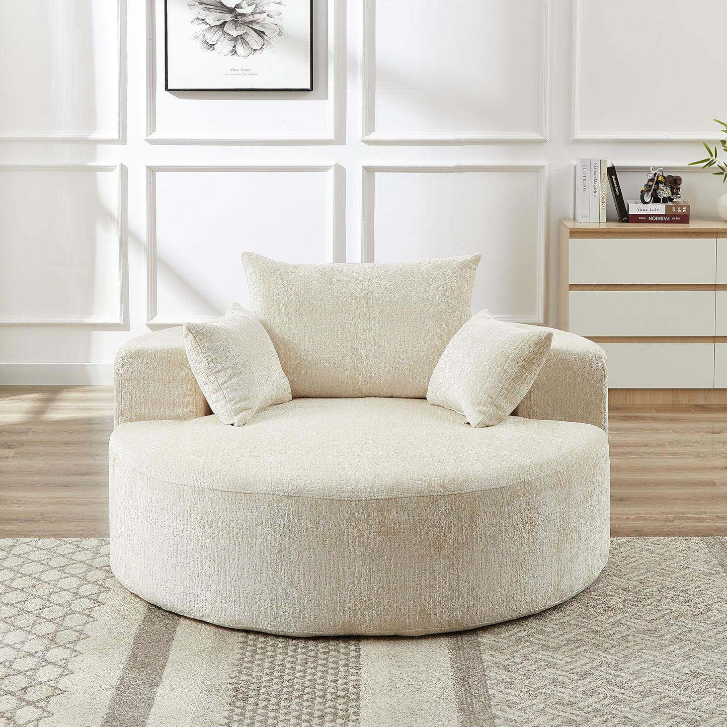 KEIKI 55" Chenille Accent Chair, Sponge Barrel Chairs Upholstered Round Sofa, Single Couch Armchair for Living Room, Beige