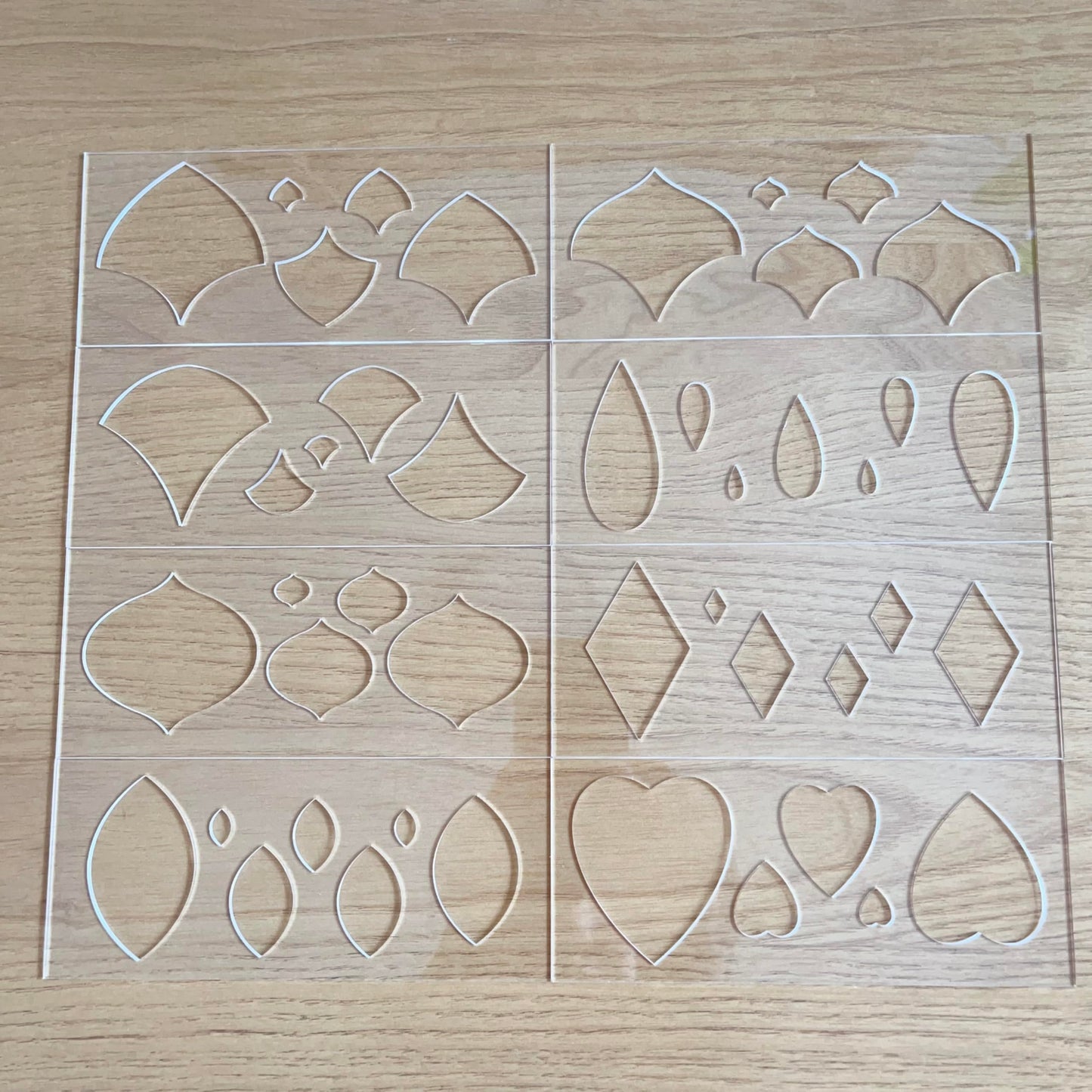 Set of 8 Mandala Art Stencils, 8 Geometric Shapes with 5 Sizes Each, Clear Acrylic Drawing Templates, Hearts, Diamonds, Ovals, Leaves